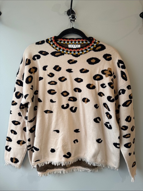 THML Sweaters - THML Cream Leopard-Print Crewneck Sweater with Crochet Multicolor Trim S
